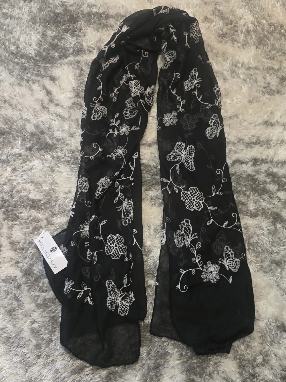 Jessica McClintock Black Scarf with White Floral Embroidery